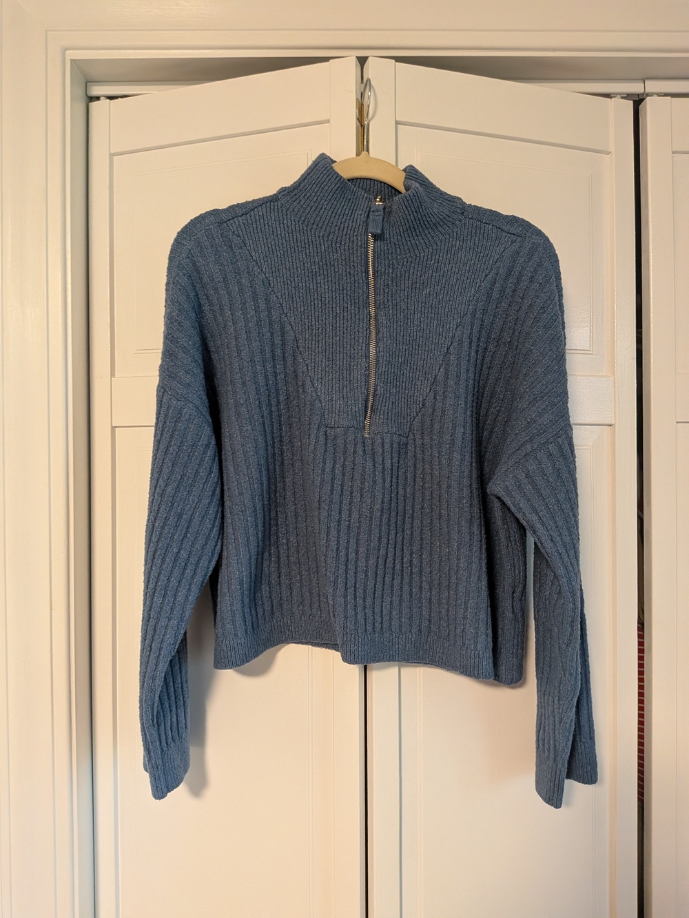 Guess Dusty Blue Ribbed Half-Zip Turtleneck Sweater
